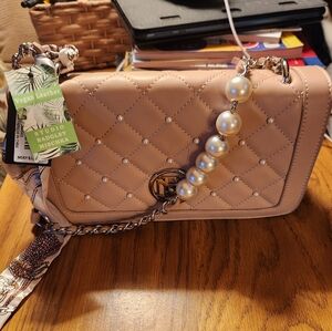 Badgley Mischka Cream/Pink Quilted Crossbody Bag with Pearl Chain